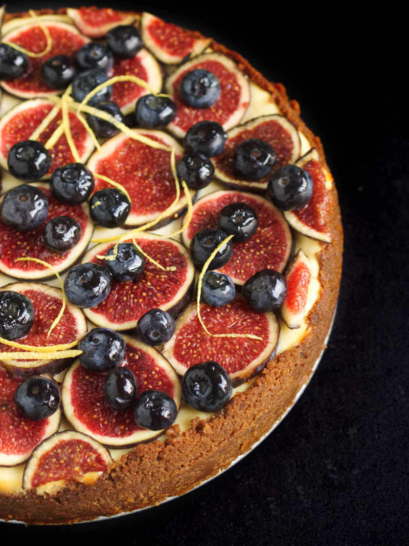 Classic cheesecake topped with seasonal fruit (figs, blueberries)